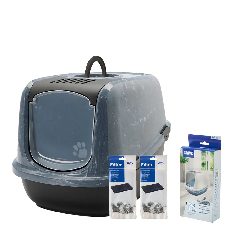 Savic Katzentoilette Nestor Jumbo Marble - Starterset: Toilette marmor anthrazit-weiss/ schwarz + 2 extra Filter + 6 Bag it up