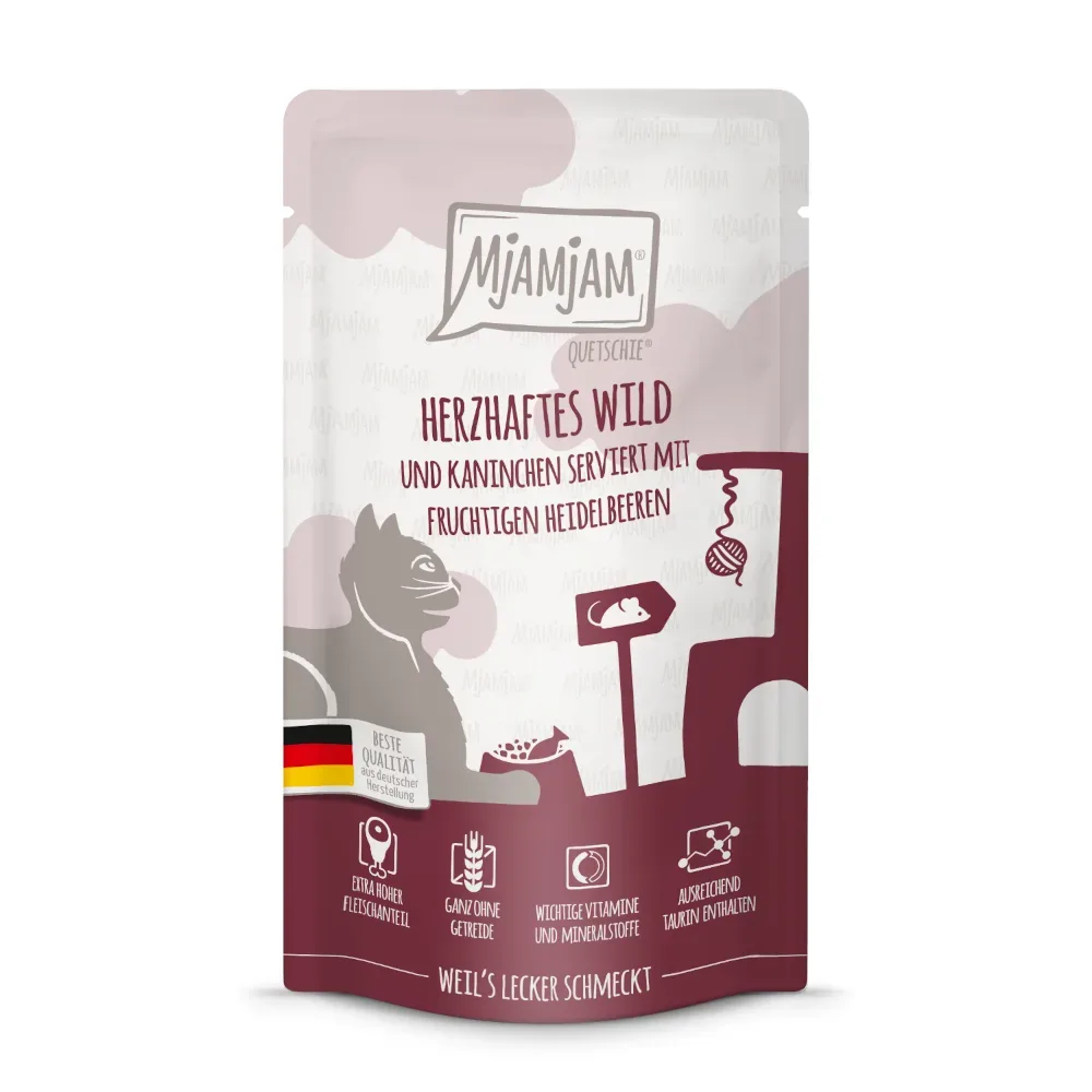 MjAMjAM Quetschie 12 x 125 g - herzhaftes Wild & Kaninchen mit fruchtigen Heidelbeeren