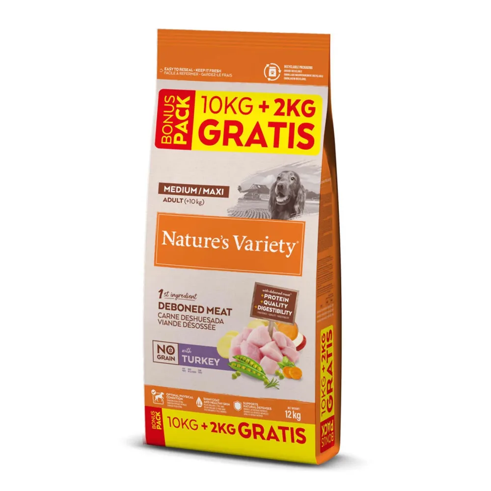 Nature's Variety No Grain Medium/Maxi Adult Truthahn -  Sparpaket: 2 x (10 kg + 2 kg gratis)