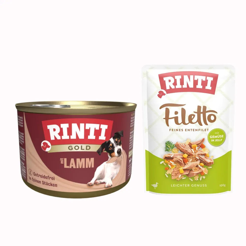 RINTI Gold 12 x 185 g + Filetto Pouch in Jelly mit Ente & Gemüse 100 g gratis! - Lammstückchen