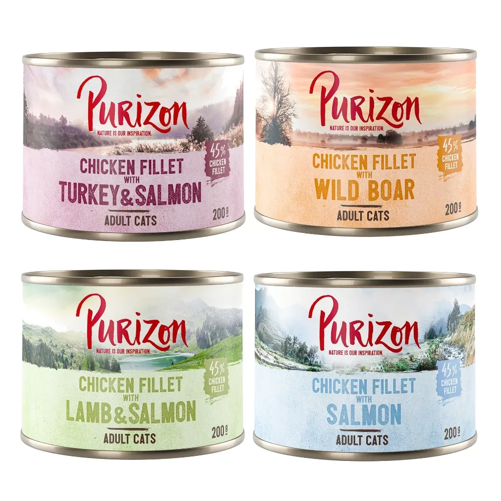 Purizon Original 12 x 200 g - getreidefrei - Mixpaket (4 x Lachs, 4 x Wildschwein, 2 x Lamm & Lachs, 2 x Lachs & Pute)