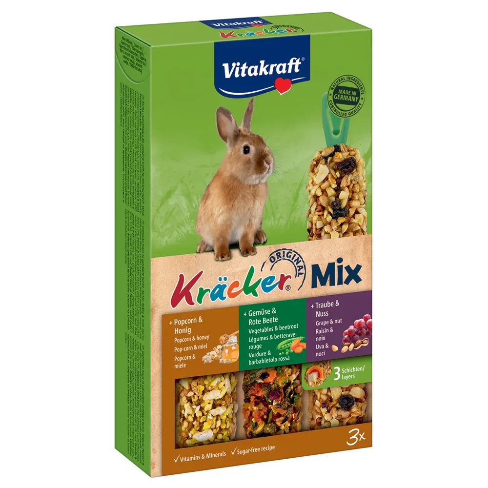Vitakraft Zwergkaninchen-Kräcker Trio-Mix - 1 x 3er Kombi (Popcorn, Gemüse, Traube)