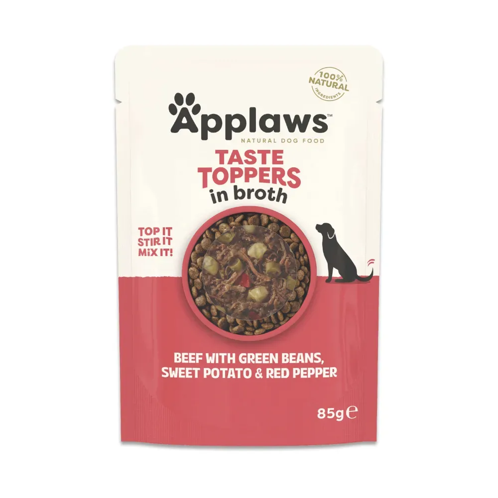 Applaws Taste Toppers Pouch in Brühe 12 x 85 g - Rind mit grünen Bohnen, Süsskartoffel & roter Paprika