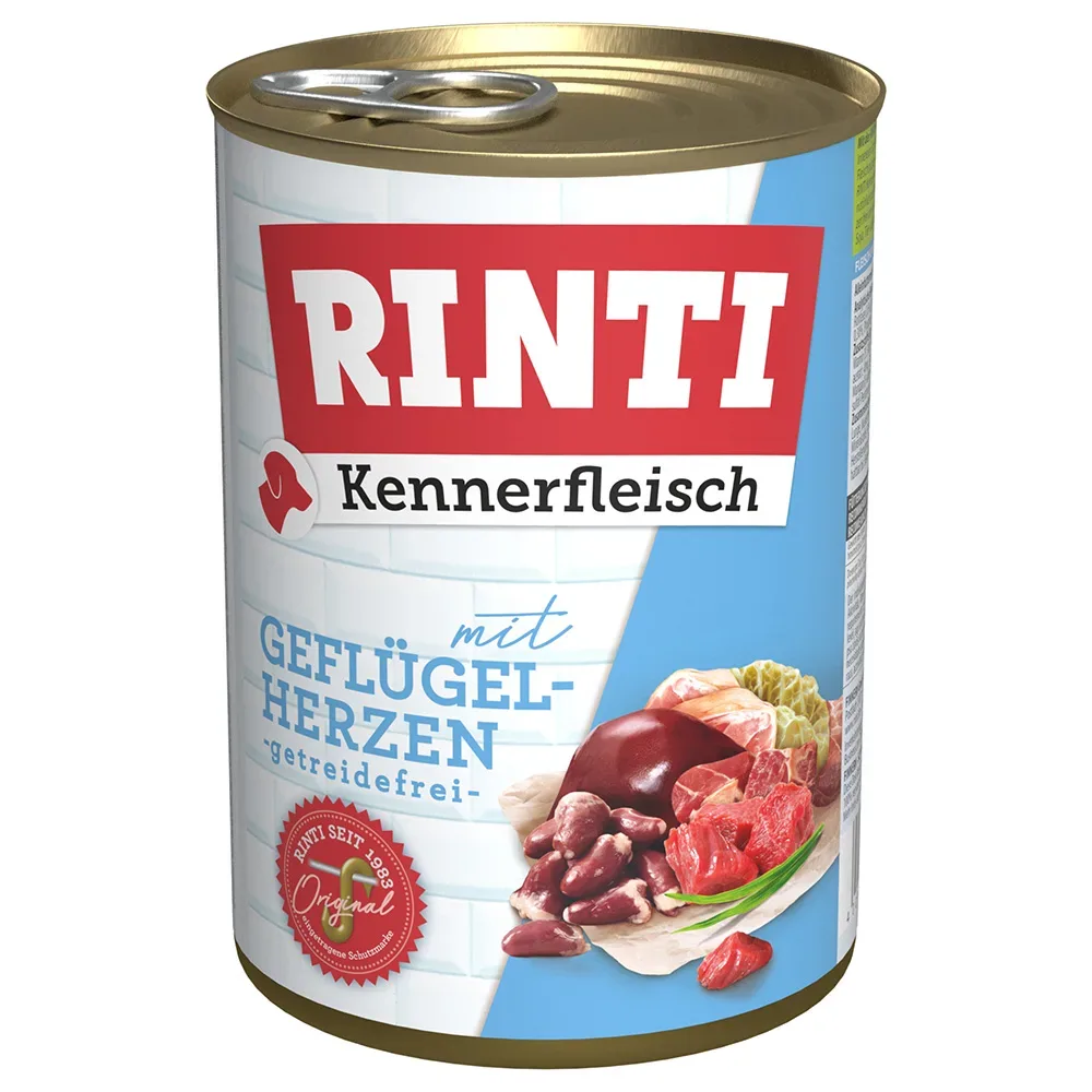 RINTI Kennerfleisch 6 x 400 g + Filetto Pouch in Jelly mit Ente & Gemüse 100 g gratis! - Geflügelherzen