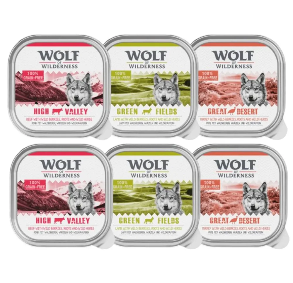 Wolf of Wilderness Adult - Single Protein 6 / 24 x 300 g Schale - 24 x 300 g: Mixpaket: Rind, Pute, Lamm