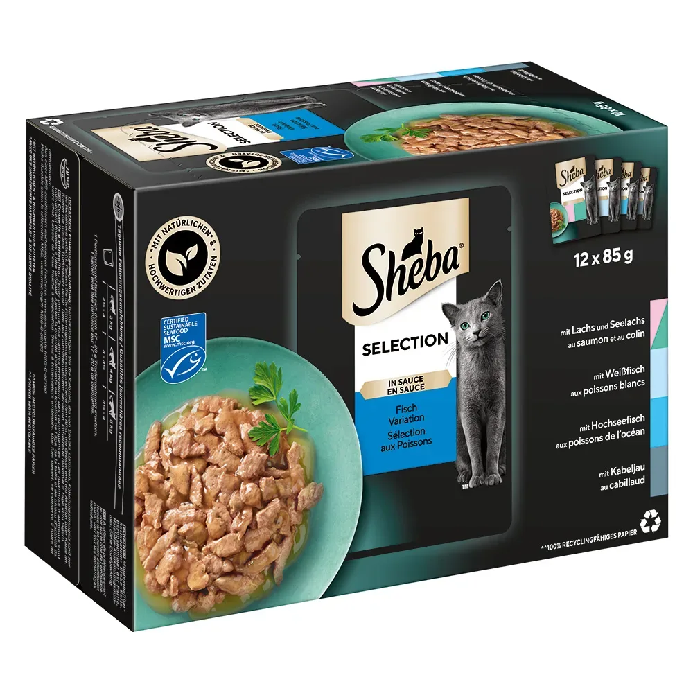 Megapack Sheba Varietäten Frischebeutel 48 x 85 g - Selection in Sauce (Lachs & Seelachs; Weissfisch; Hochseefisch; Kabeljau)