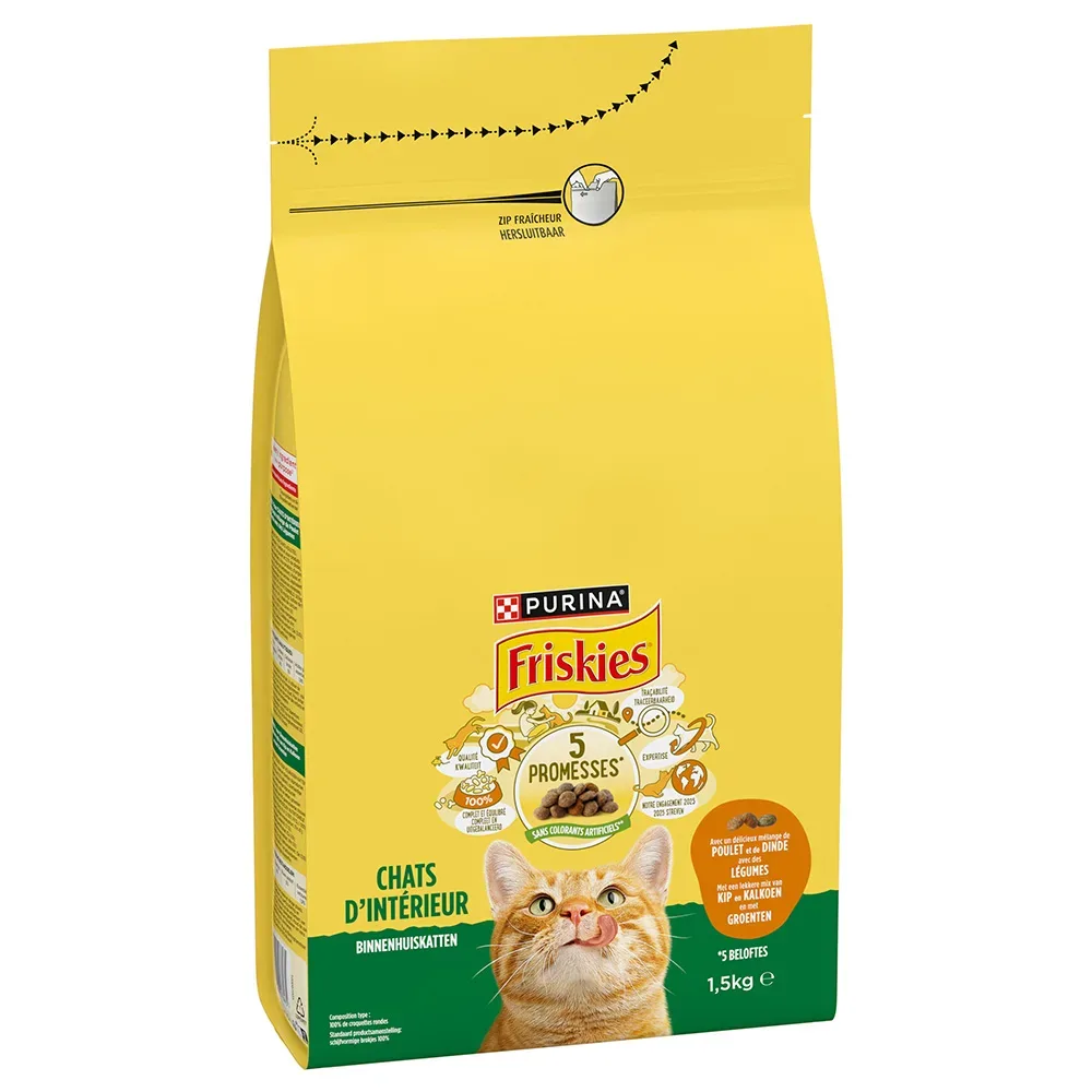 PURINA FRISKIES Indoor Katze mit Huhn, Truthahn und Gemüse - Sparpaket: 3 x 1,5 kg