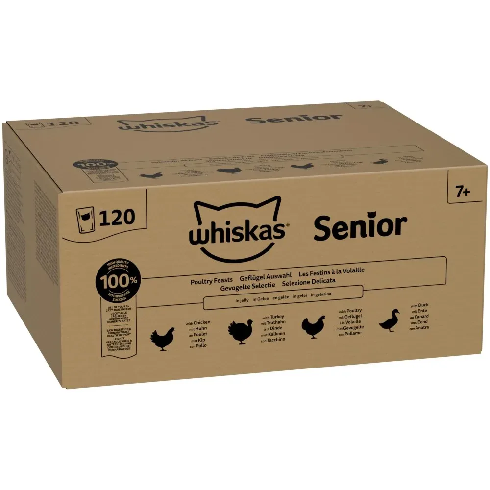 Whiskas Megapack Nassfutter + Knuspertaschen mit Huhn und Käse 180 g gratis! - Senior Geflügel Auswahl in Gelee 120 x 85 g