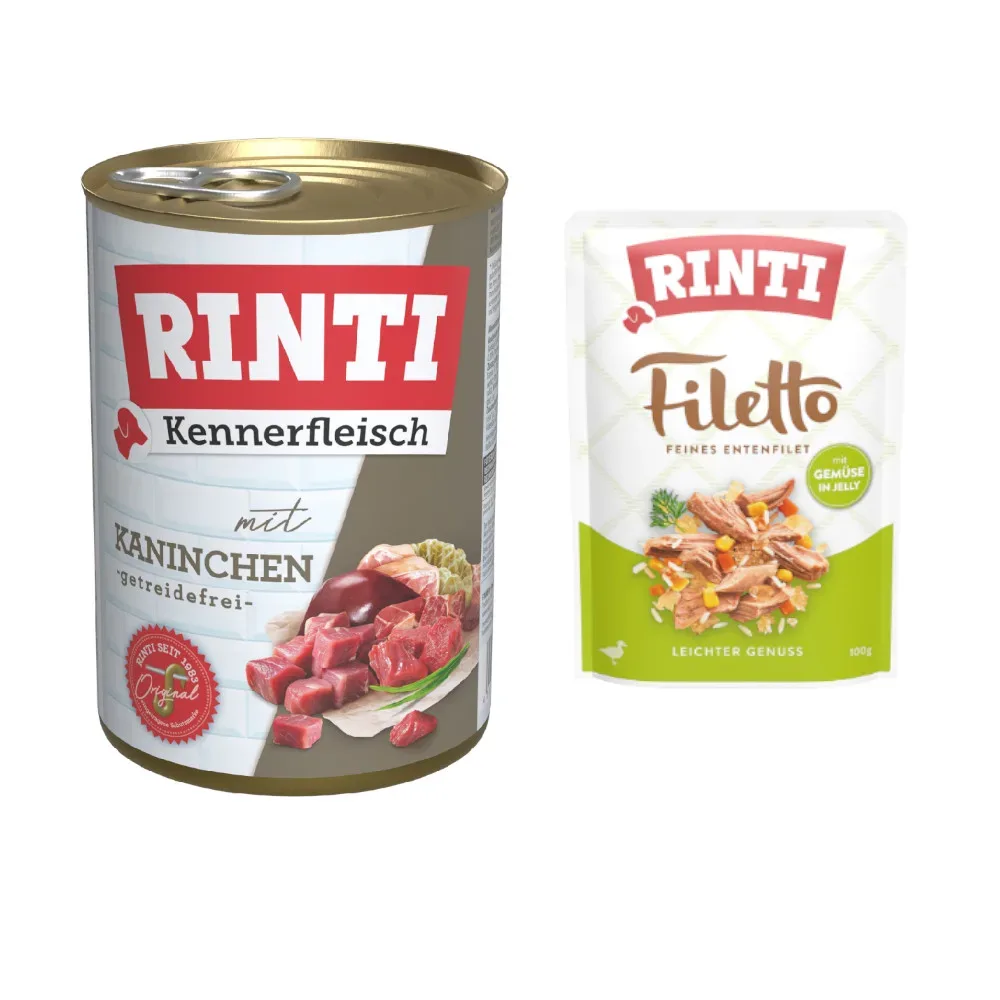 RINTI Kennerfleisch 6 x 400 g + Filetto Pouch in Jelly mit Ente & Gemüse 100 g gratis! - Kaninchen