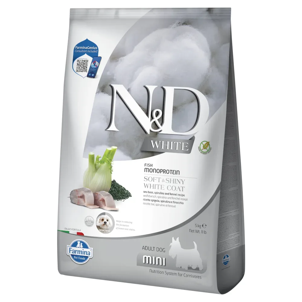 Farmina N&D Dog Adult Mini White mit Wolfsbarsch, Fenchel & Spirulina - Sparpaket: 2 x 5 kg