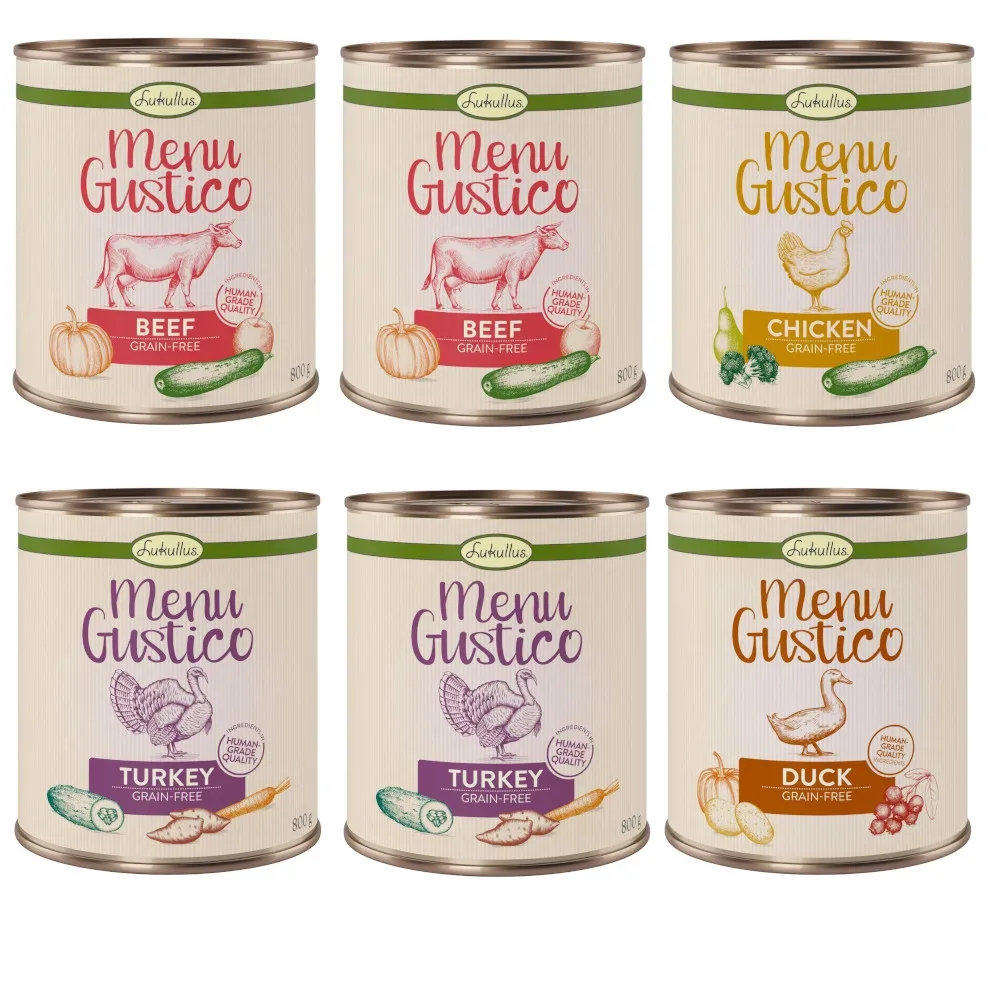 Sparpaket Lukullus Menu Gustico 12 x 800 g - Mixpaket: Pute, Rind, Huhn & Ente