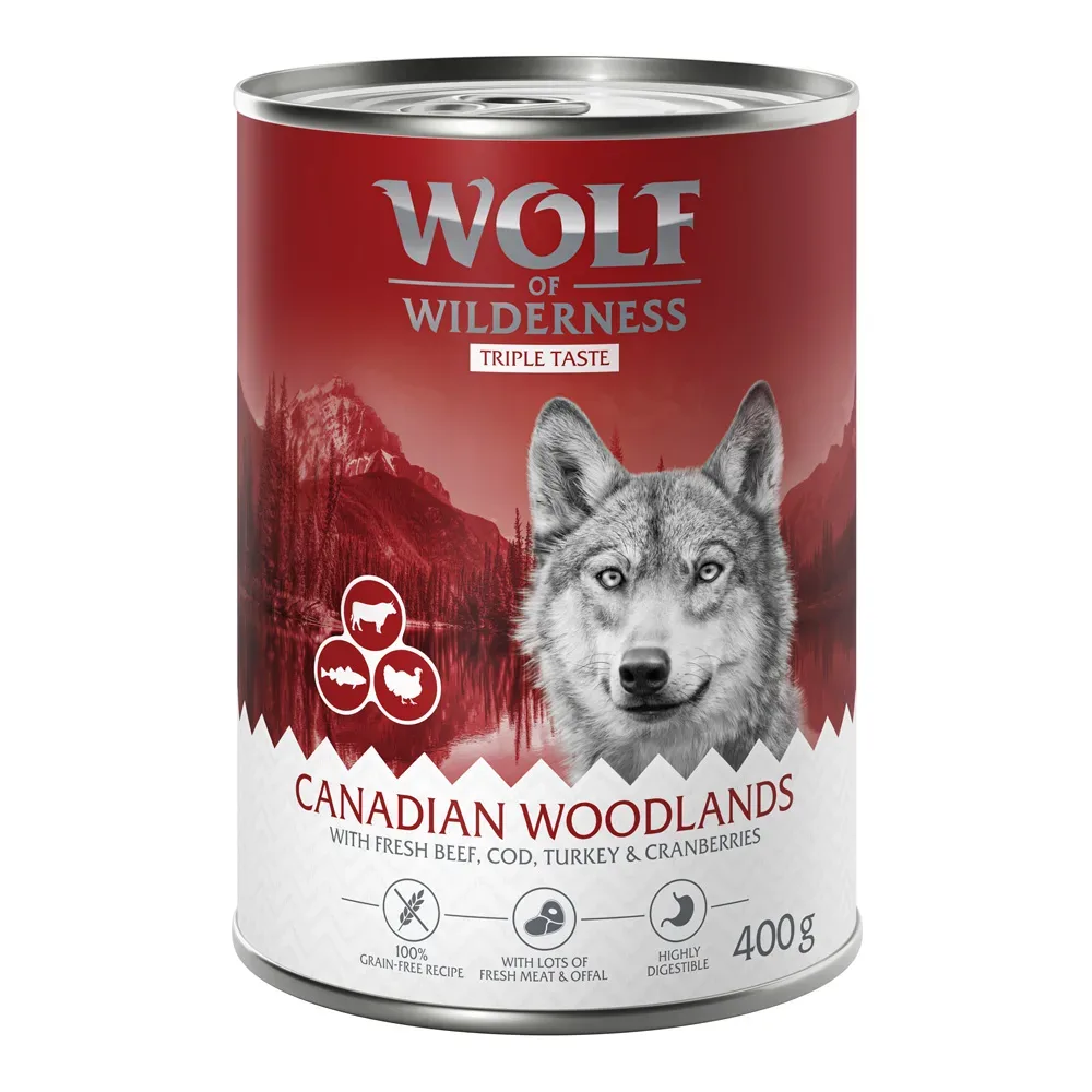 Sparpaket Wolf of Wilderness Adult 24 x 400 g - Triple Taste Canada - Rind, Pute, Kabeljau