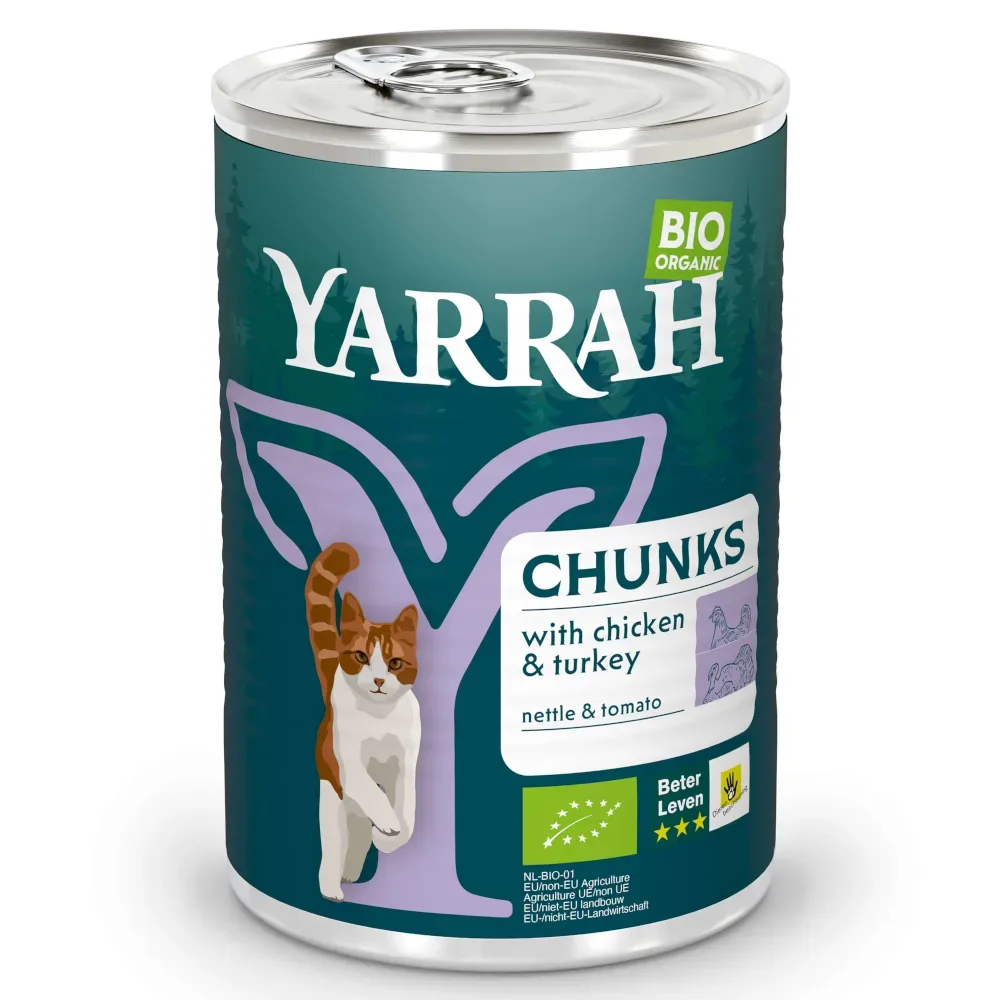 Yarrah Bio Chunks 6 x 405 g - Bio Huhn & Bio Truthahn mit Bio Brennnesseln & Bio Tomaten in Sosse