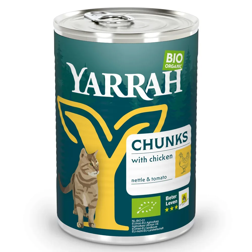Yarrah Bio Chunks 6 x 405 g - Bio Huhn & Bio Truthahn mit Bio Brennnesseln & Bio Tomaten in Sosse