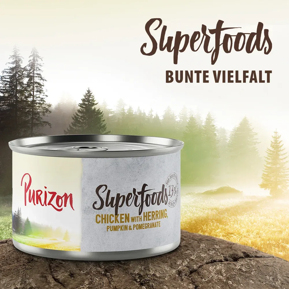 Purizon Superfoods 24 x 140 g - Mixpaket (8x Huhn, 8x Thunfisch, 4x Wildschwein, 4x Wild)