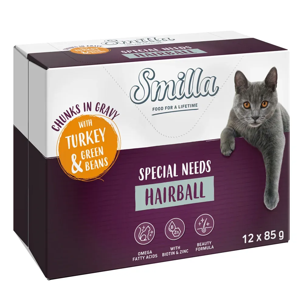 Smilla Frischebeutel Adult Hairball Häppchen in Sauce mit Gemüse - Pute und grünen Bohnen (24 x 85 g)