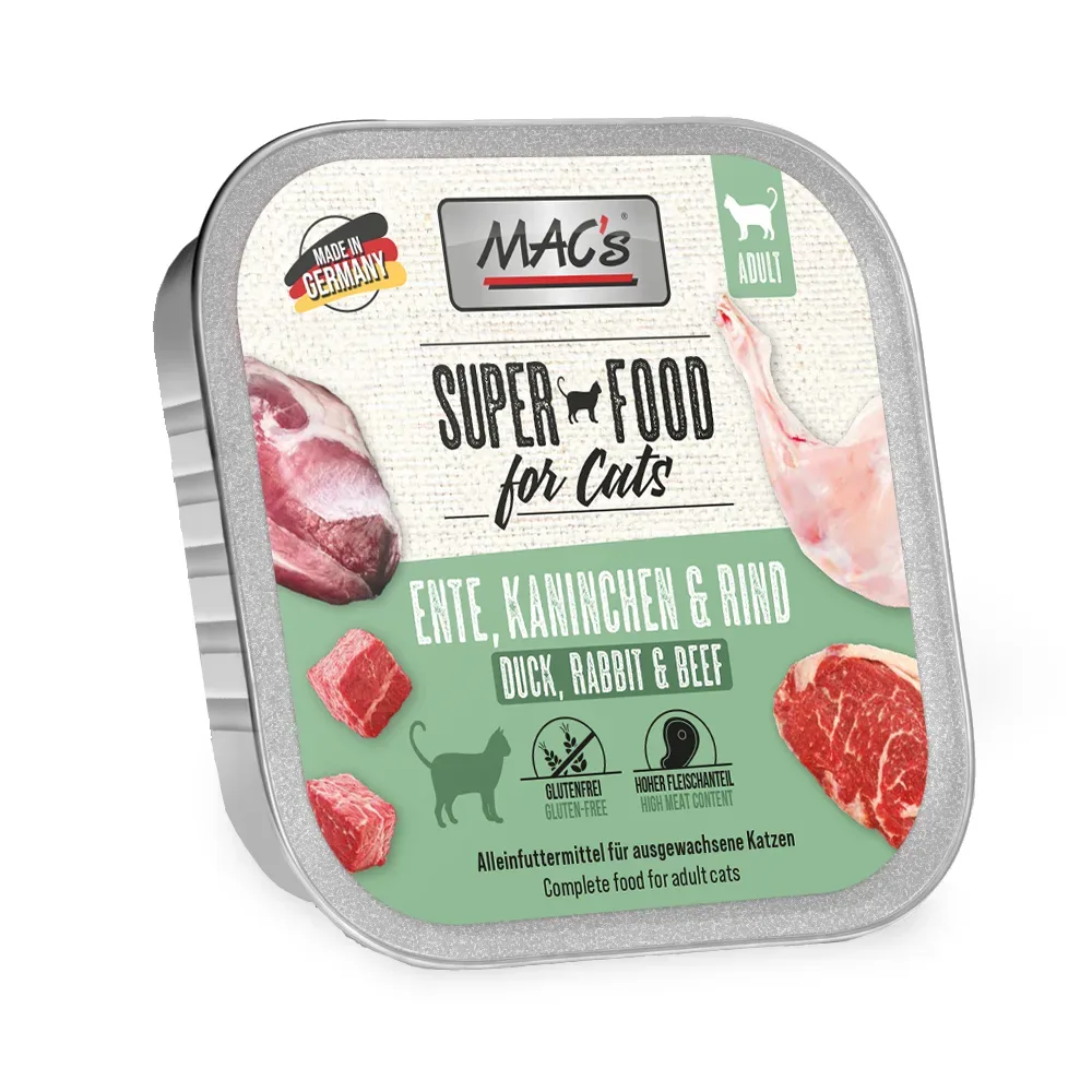 Sparpaket MAC's Cat Schale 32 x 100 g - Mix Huhn Pur & Ente, Kaninchen, Rind