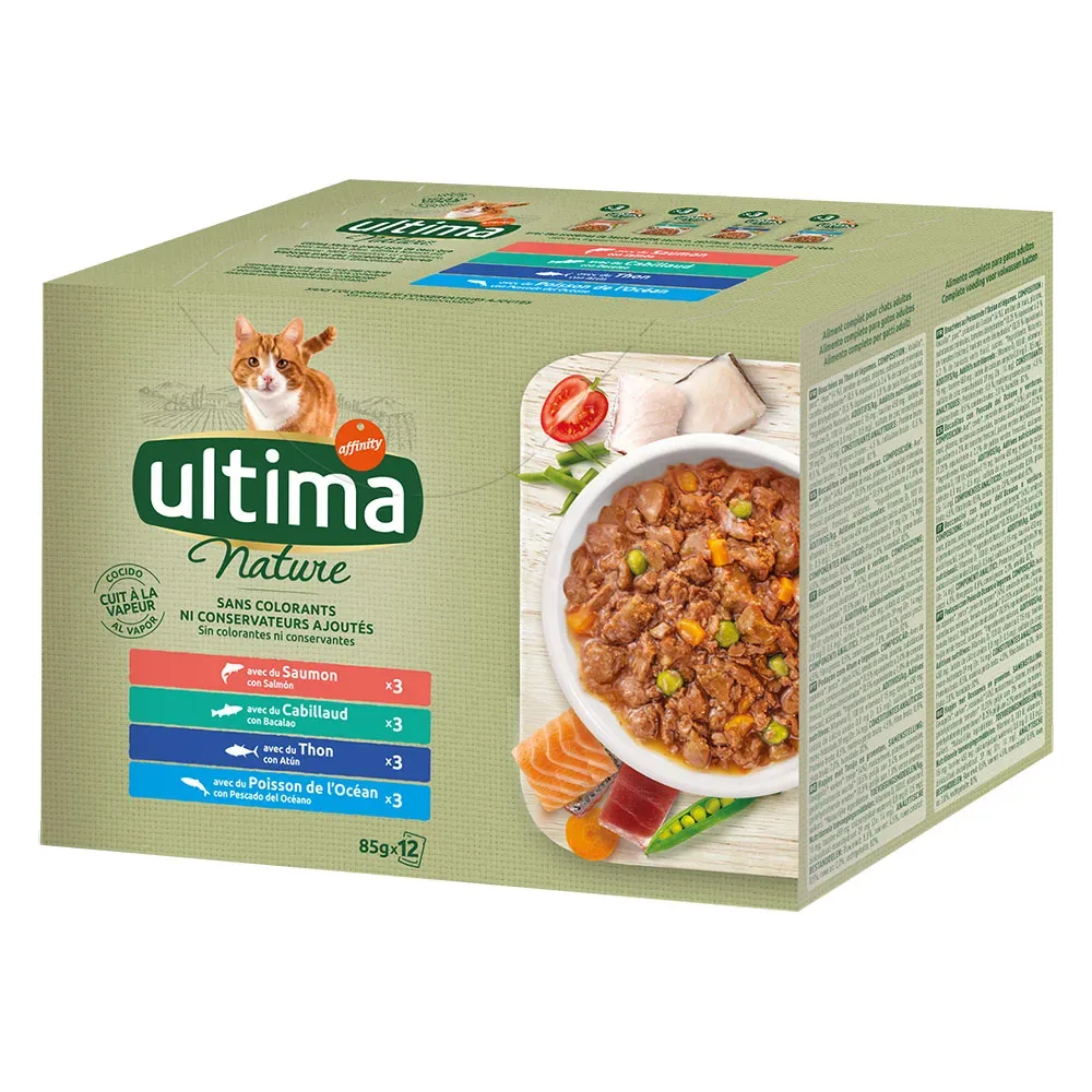 80 + 16 gratis! Ultima Adult 96 x 85 g - Nature: Fischauswahl (Lachs, Thunfisch, Ozeanfisch, Kabeljau)