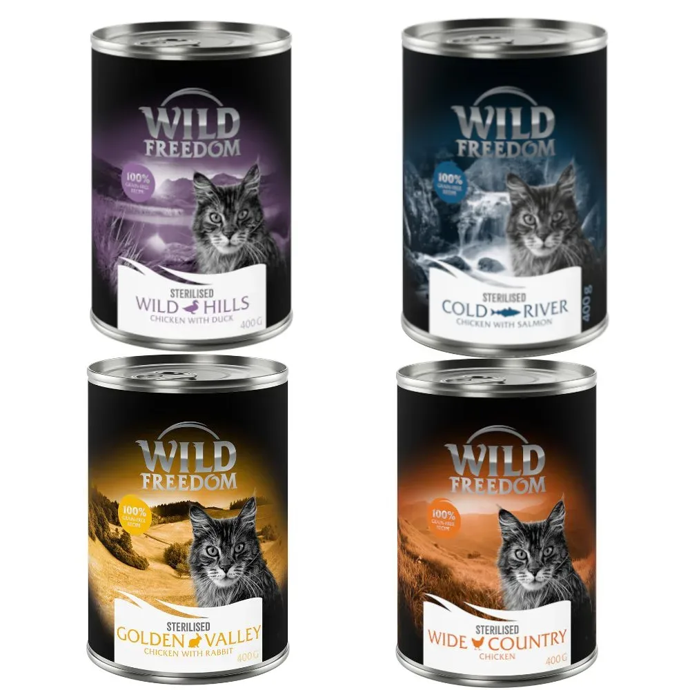 Wild Freedom Adult Sterilised 6 x 400 g - getreidefreie Rezeptur - NEU: Mixpaket (2x Huhn pur, 2x Huhn & Lachs, 1x Huhn & Kaninchen, 1x Huhn & Ente)