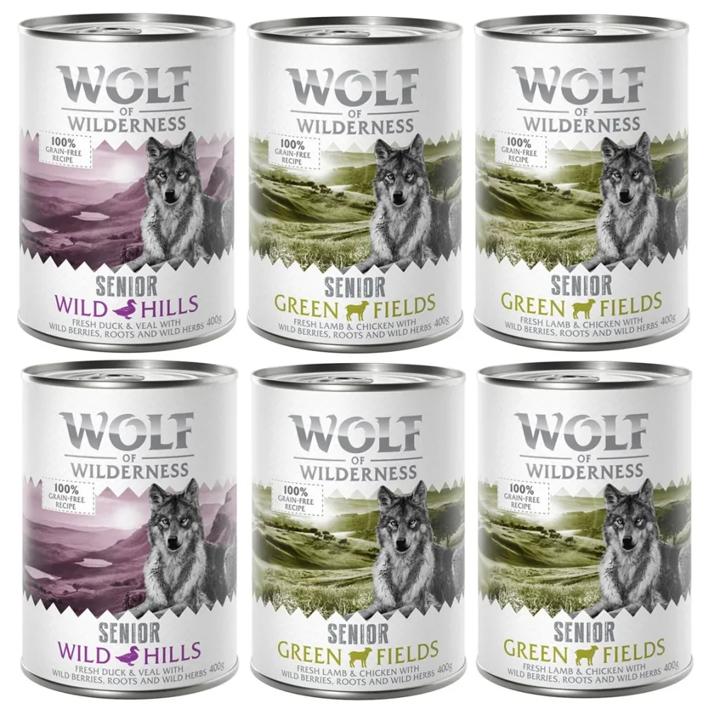 Wolf of Wilderness Senior 6 x 400 g - Duo-Protein Rezeptur - Mix (4 x Lamm & Huhn / 2x Ente & Kalb)