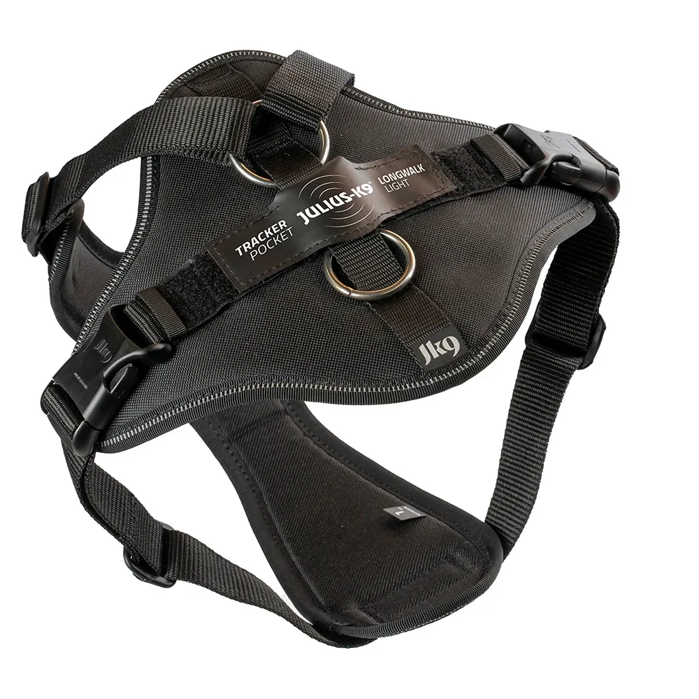 Julius-K9 Longwalk Light Hundegeschirr mit Tracker-Tasche - schwarz - Grösse M: Brustumfang 56 - 76 cm