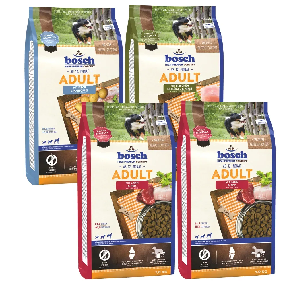 4 x 1 kg bosch Adult im gemischten Paket zum Sonderpreis! - Geflügel & Hirse, Fisch & Kartoffel, 2 x Lamm & Reis