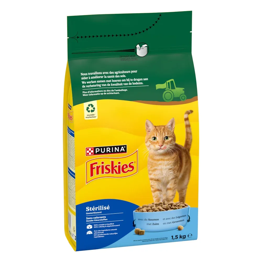 PURINA Friskies Sterilized Katze mit Lachs, Thunfisch und Gemüse - Sparpaket: 3 x 1,5 Kg