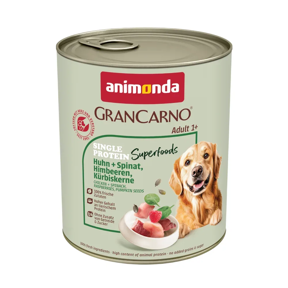 animonda GranCarno Adult Single Protein Superfoods 6 x 800 g - Huhn + Spinat, Himbeeren, Kürbiskerne