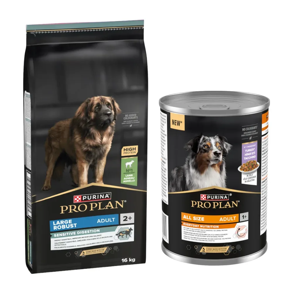 PURINA PRO PLAN 16 kg + All Size Adult Everyday Nutrition in Jelly 12 x 400 g gratis! - Large Adult Robust Lamm & Reis Sensitive Digestion + Truthahn