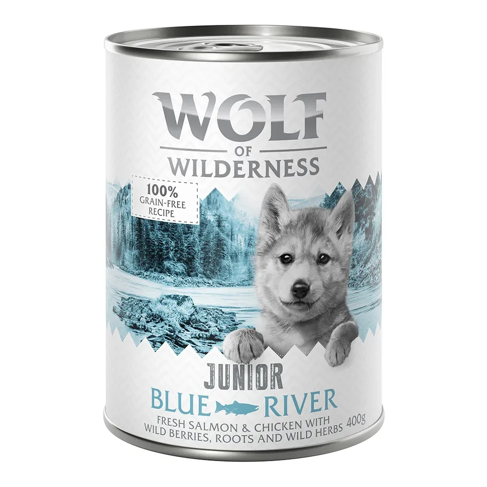 Sparpaket Wolf of Wilderness Junior 24 x 400 g - Duo-Protein - Blue River - Huhn & Lachs
