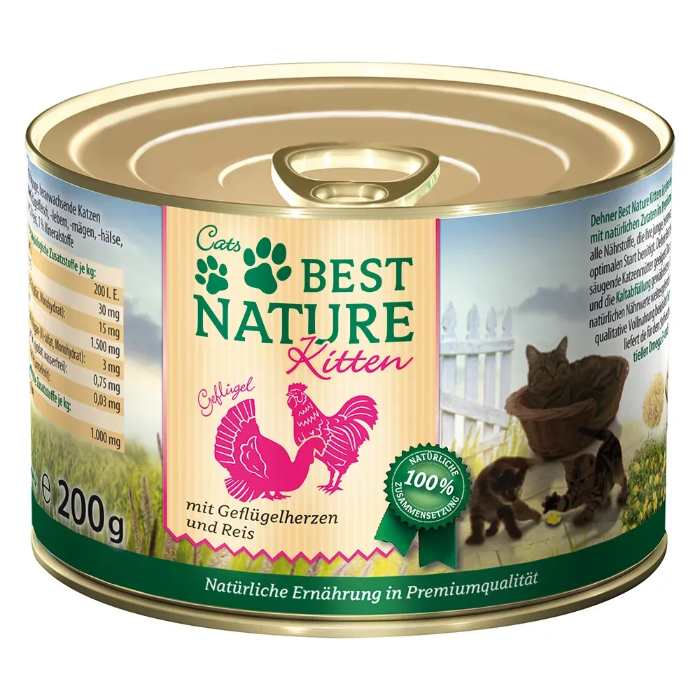 Sparpaket Best Nature Kitten 12 x 200 g - Geflügelherzen & Reis
