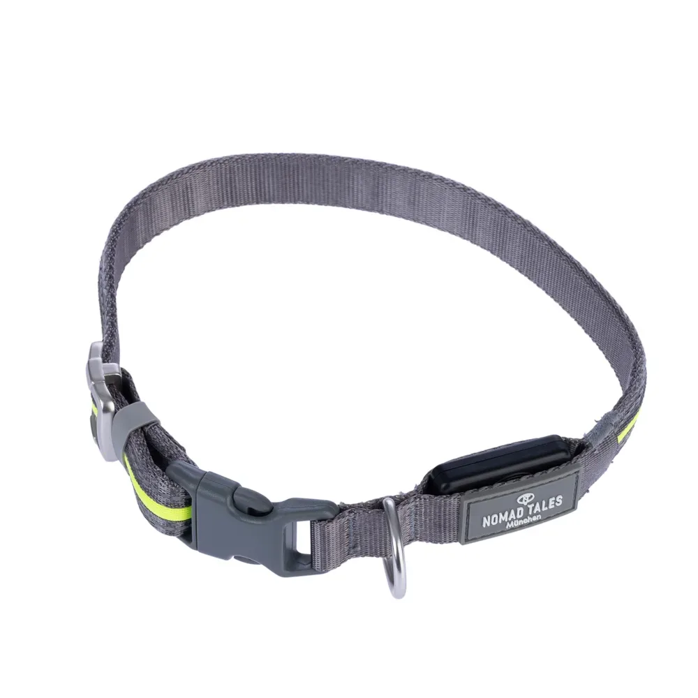 Nomad Tales Spirit USB LED Nylonhalsband, neongelb & grau - Grösse S/M: Halsumfang 35-50 cm