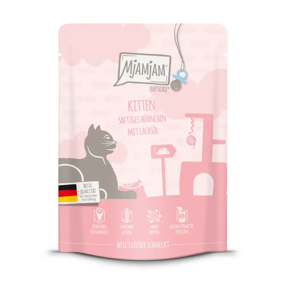 MjAMjAM Quetschie 6 x 300 g - Kitten Huhn mit Lachsöl