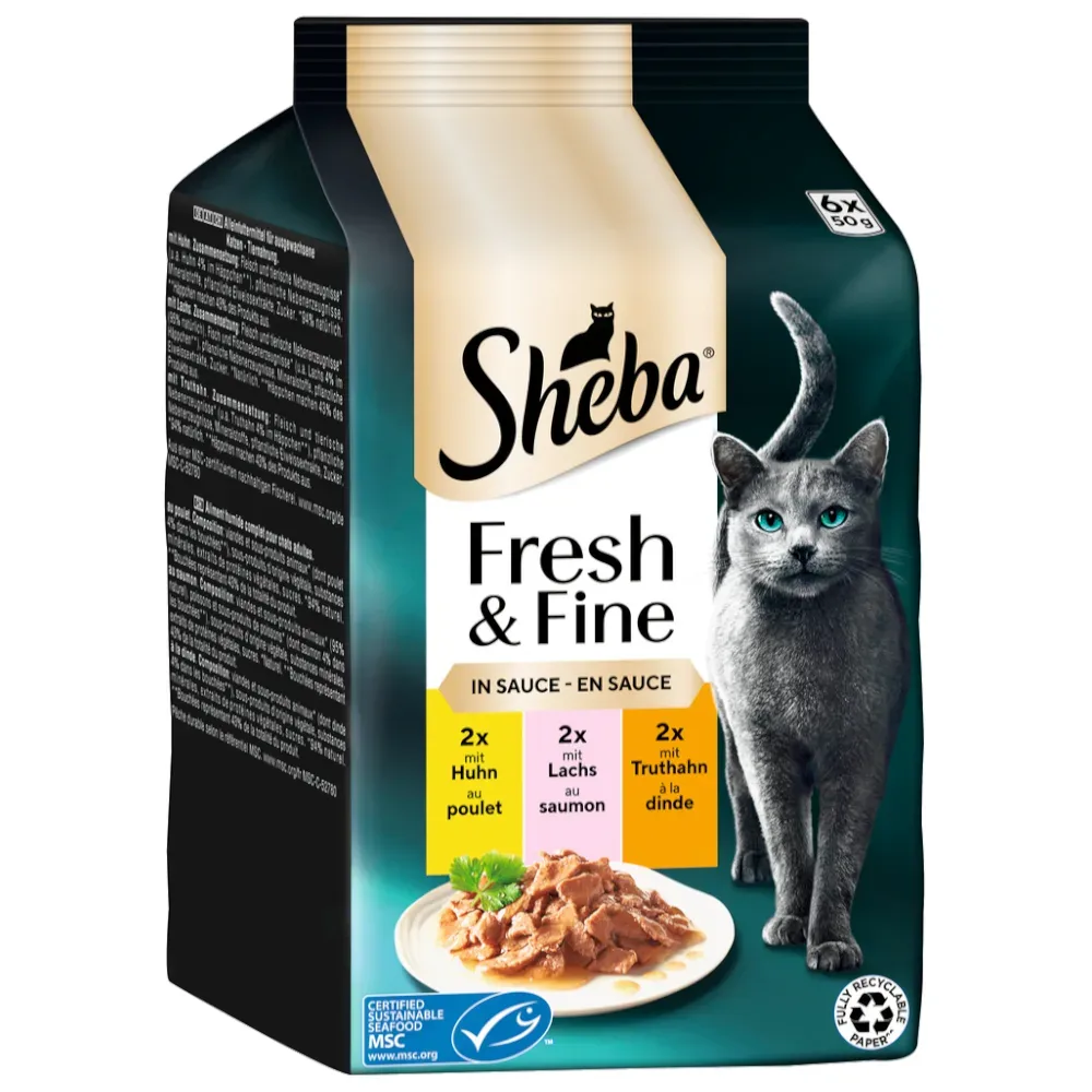 Multipack Sheba Fresh & Fine Frischebeutel 6 x 50 g - Huhn, Lachs & Truthahn in Sauce