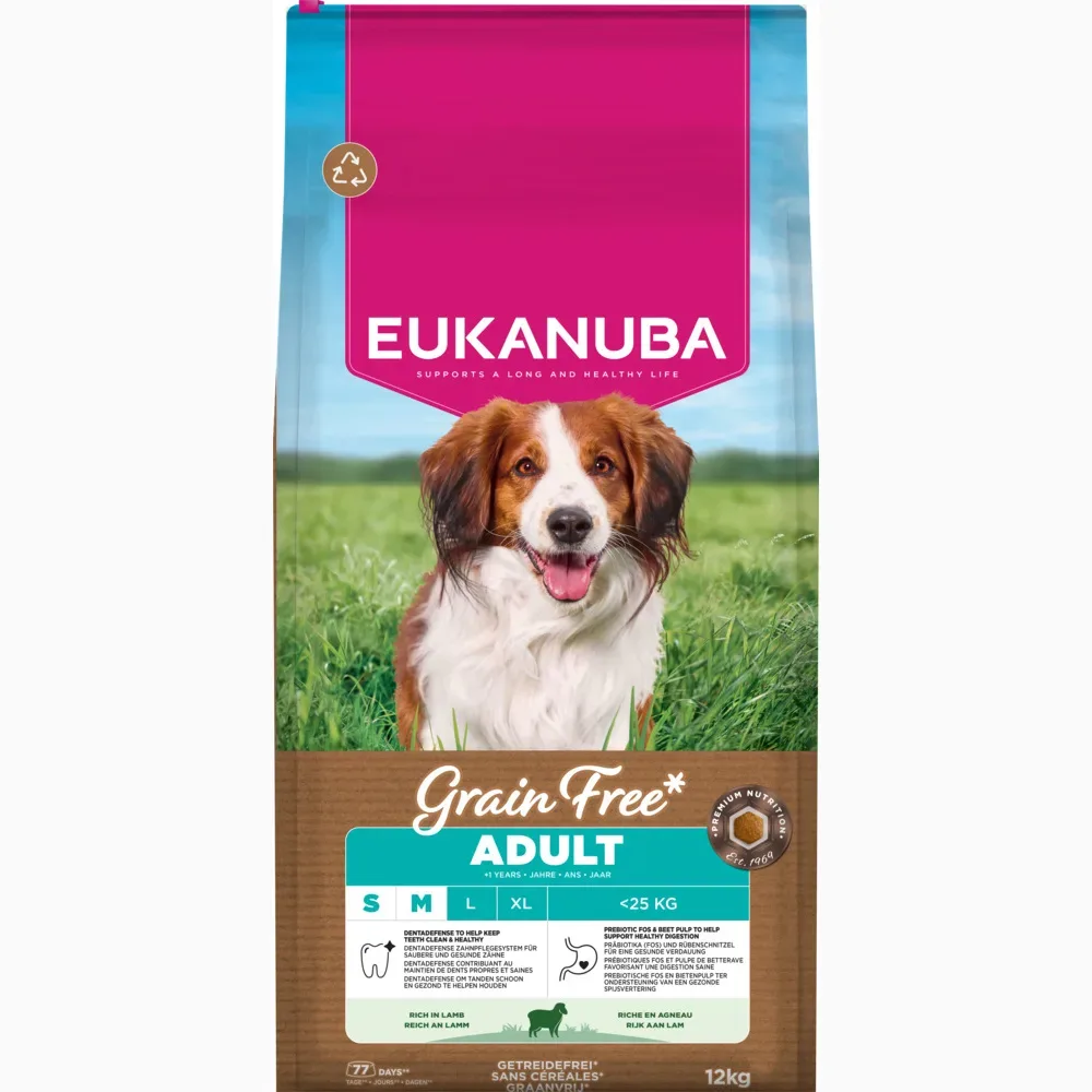 Eukanuba Grain Free Adult Small & Medium mit Lamm - Sparpaket: 2 x 12 kg