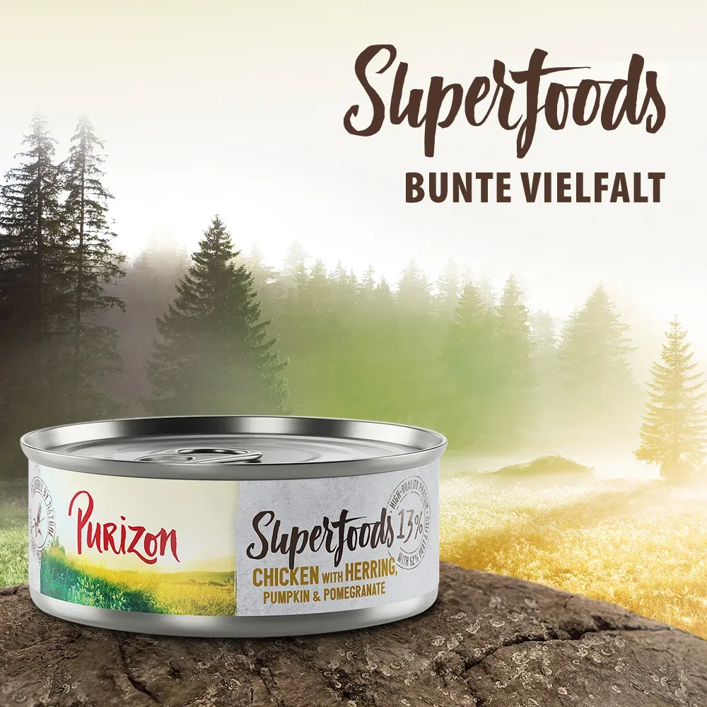 Purizon Superfoods 24 x 70 g - Huhn mit Hering, Kürbis und Granatapfel
