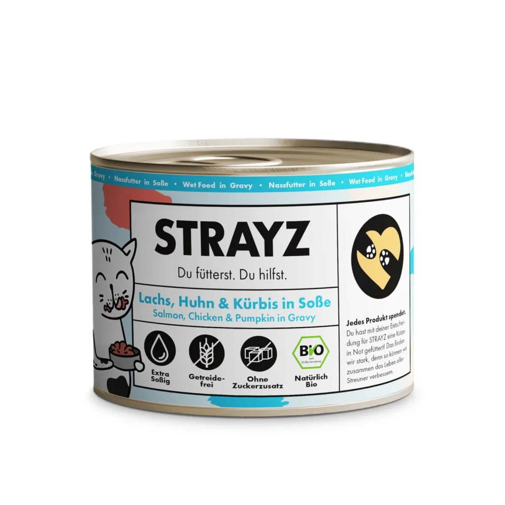 STRAYZ BIO Katze 6 x 200 g - Bio-Lachs, Bio-Huhn & Bio-Kürbis in Sosse