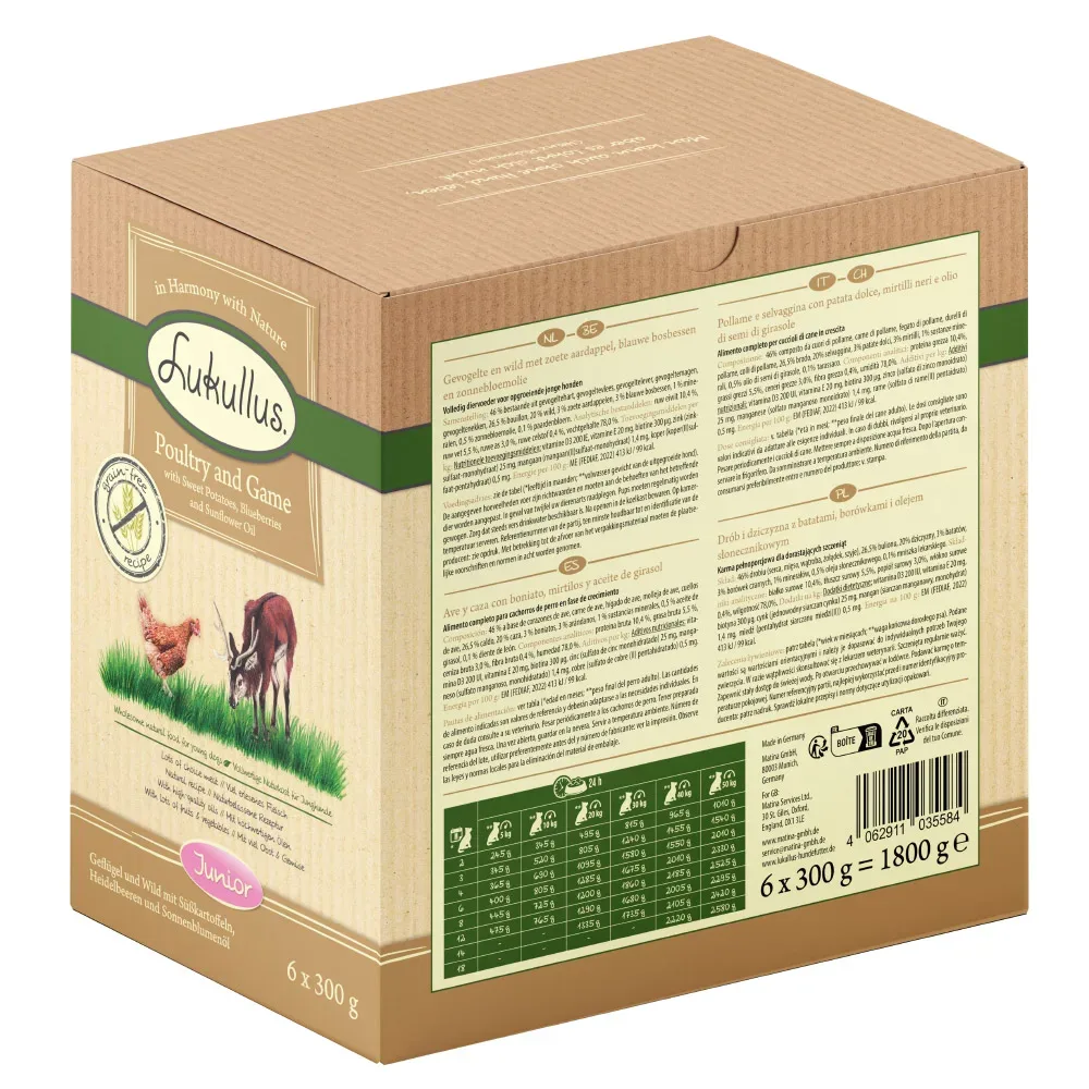Lukullus Naturkost Junior Getreidefrei Frischebeutel 6 x 300 g - Huhn und Kalb