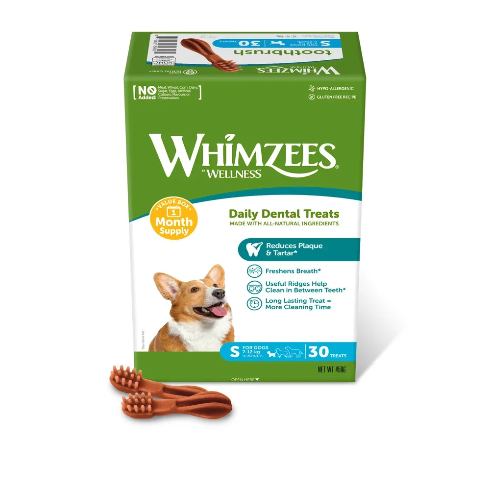 Whimzees by Wellness Monthly Toothbrush Box - Grösse S: für kleine Hunde (450 g, 30 Stück)