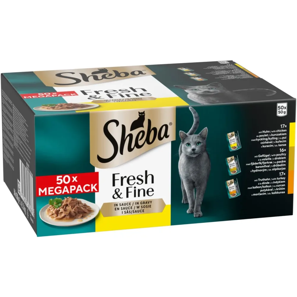 Multipack Sheba Fresh & Fine Frischebeutel 50 x 50 g - mit Huhn, Geflügel & Truthahn in Sauce