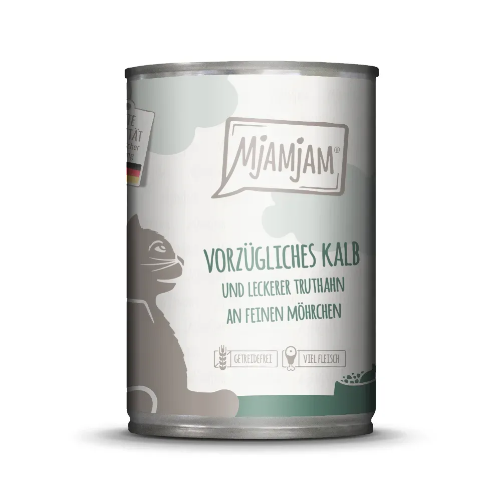 Sparpaket MjAMjAM Katzenfutter 24 x 400 g - vorzügliches Kalb und leckerer Truthahn an feinen Möhrchen