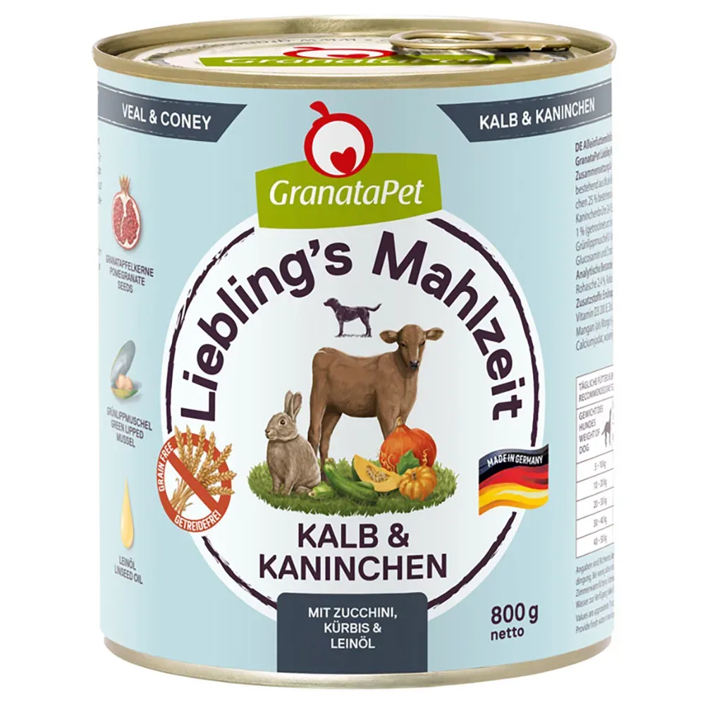 Sparpaket GranataPet Liebling's Mahlzeit 12 x 800 g - Kalb & Kaninchen mit Zucchini, Kürbis und Leinöl