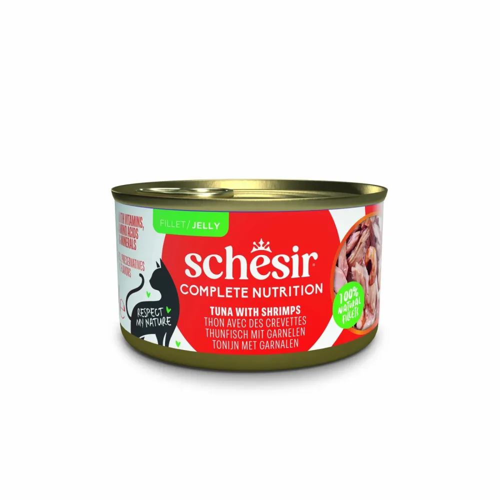 Schesir Complete Nutrition Filet in Gelee 6 x 85 g in Dosen - Thunfisch mit Garnelen
