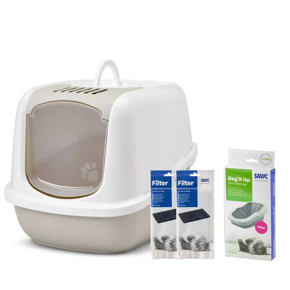 Savic Katzentoilette Nestor Jumbo - Toilette mocca / weiss + 2 extra Filter + 6 Bag it up
