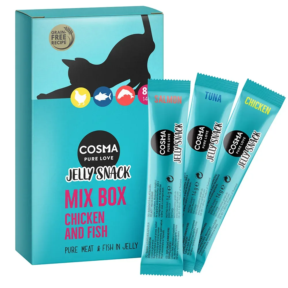 Cosma Jelly Snack 8 x 14 g - Mix: 3 x Hühnchenbrust, 3 x Thunfisch, 2 x Lachs