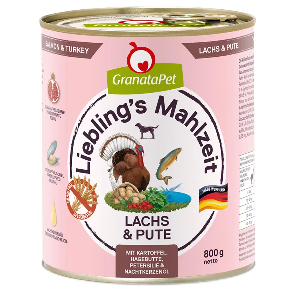 Sparpaket GranataPet Liebling's Mahlzeit 12 x 800 g - Lachs & Pute mit Kartoffel, Hagenbutten,Petersilie und Nachtkerzenöl