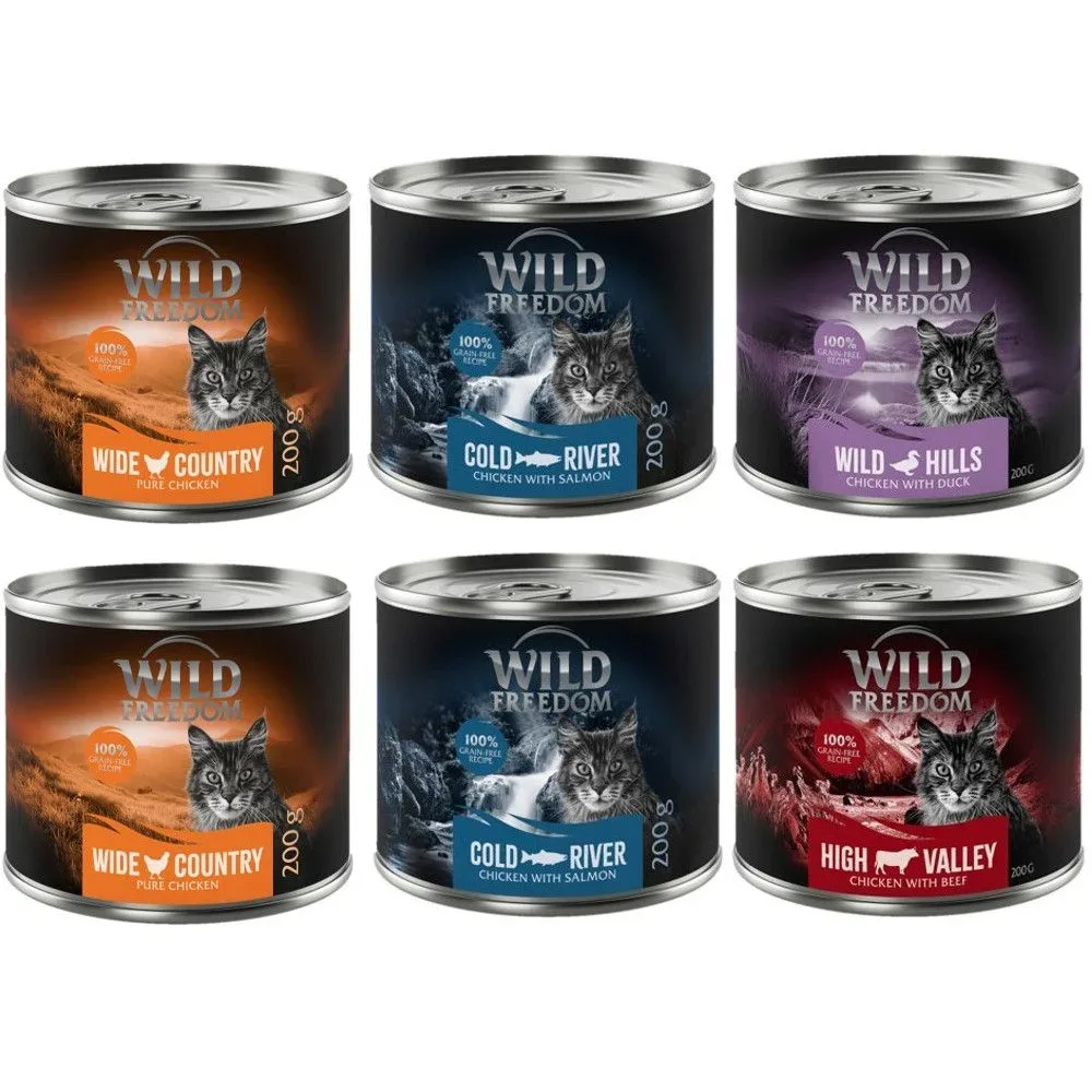 Gemischtes Probierpaket: Wild Freedom Adult - 6 x 200 g: 2 x Huhn, 2 x Seelachs, Rind, Ente