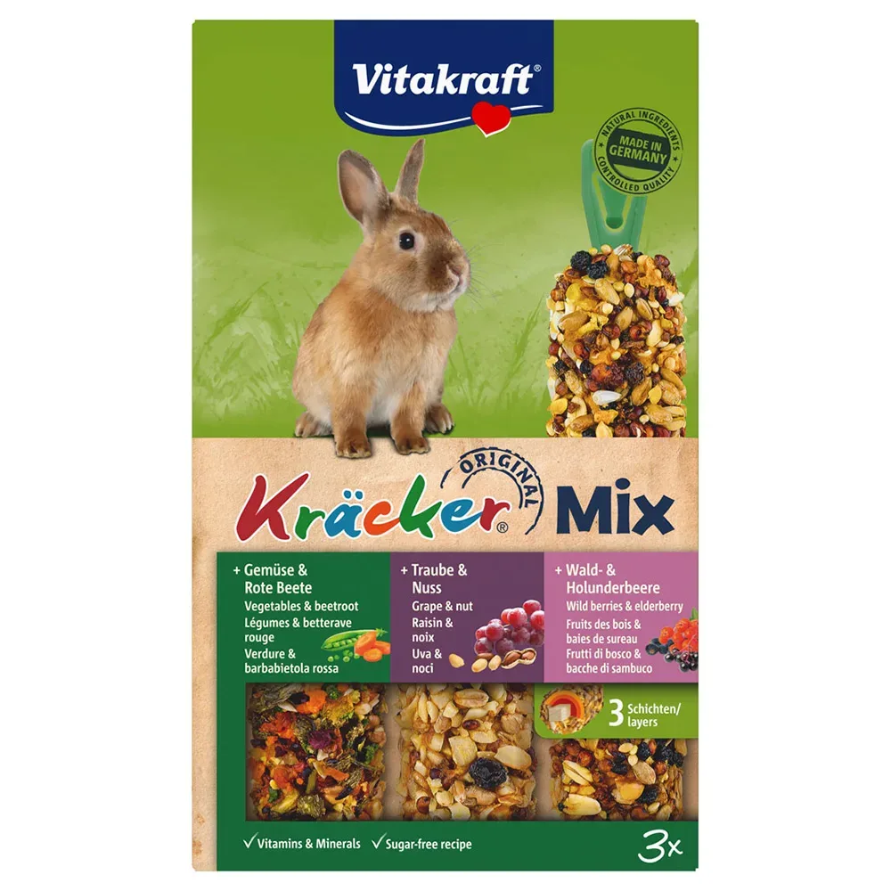 Vitakraft Zwergkaninchen-Kräcker Trio-Mix - 1 x 3er Kombi (Popcorn, Gemüse, Traube)