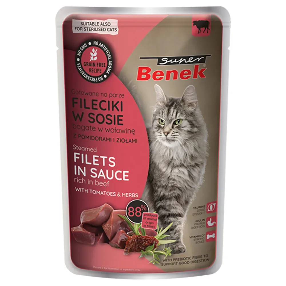 Super Benek Getreidefrei Gedämpfte Filets 28 x 85 g - Rind mit Tomaten in Sauce