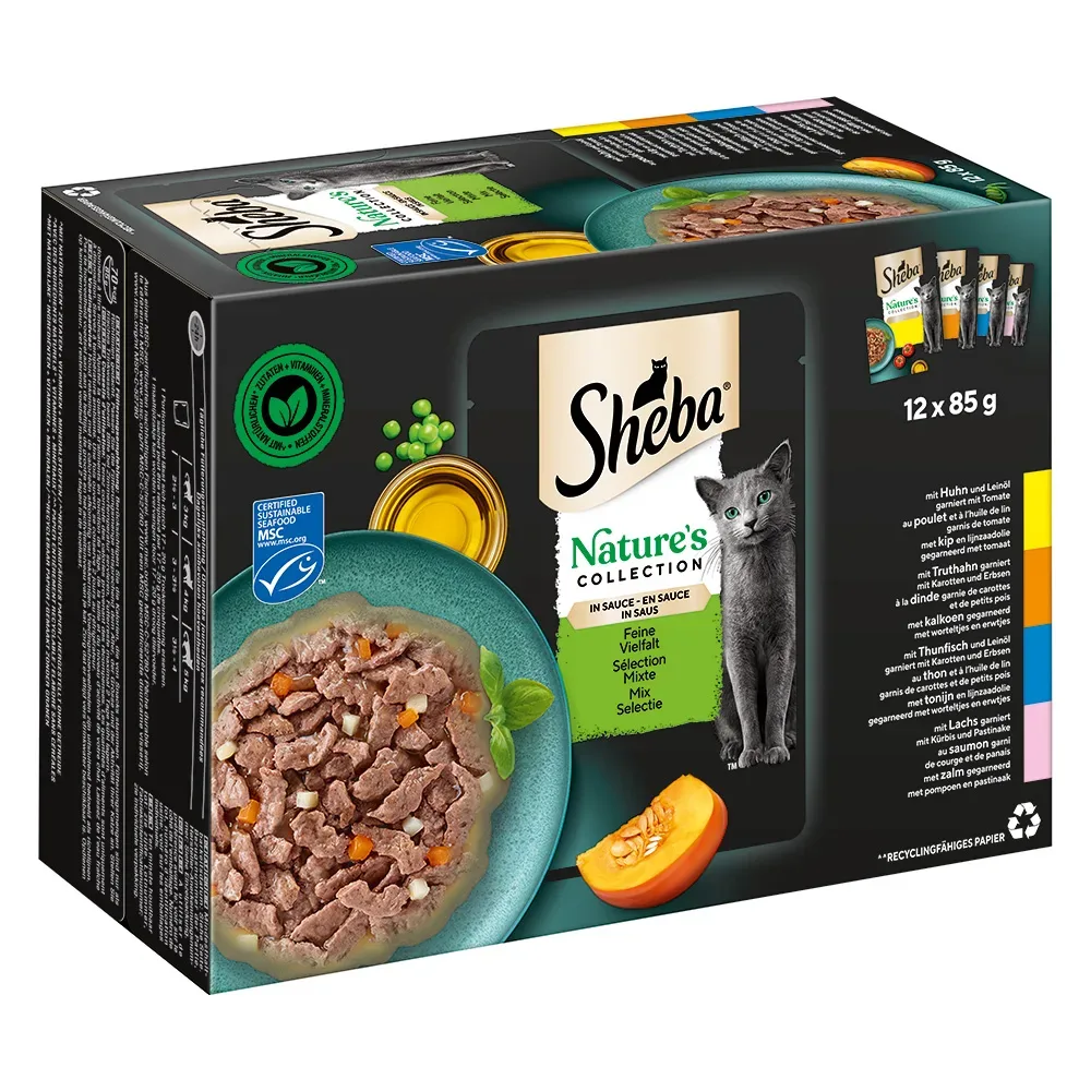 Sheba Nature's Collection in Sauce 12 x 85 g - Fisch Variation (Thunfisch, Lachs, Kabeljau, Hochseefisch)
